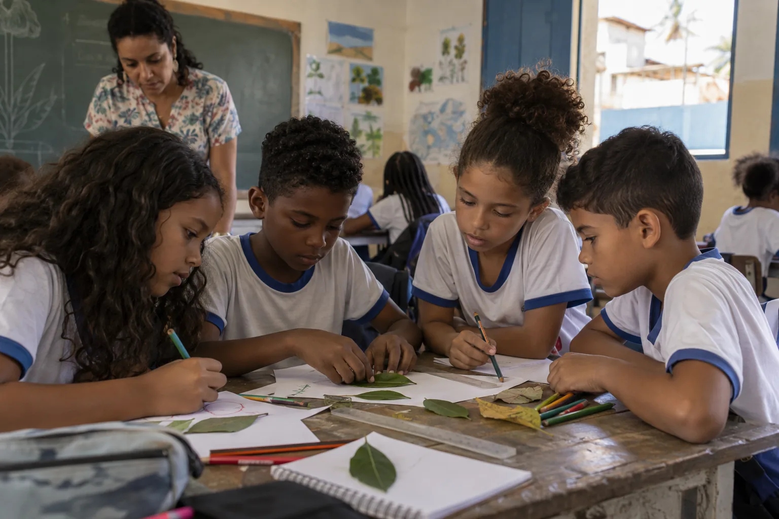 Grupo de crianças desenvolve uma atividade com materiais escolares.