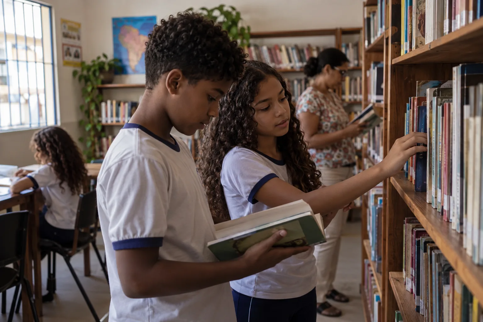 Duas crianças escolhem livros em uma biblioteca escolar.