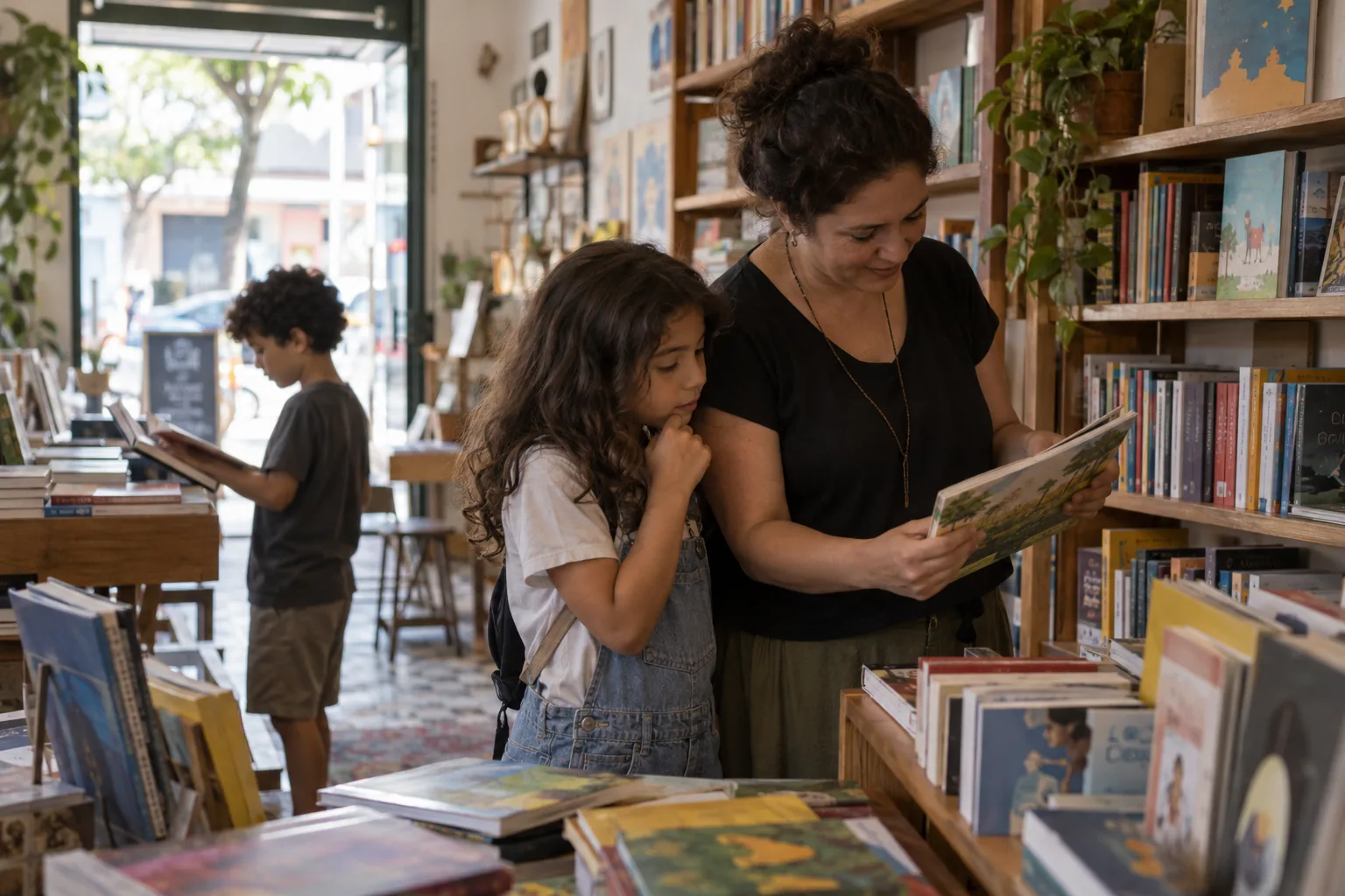 Livreira ajuda uma criança a escolher um livro em uma livraria de bairro.