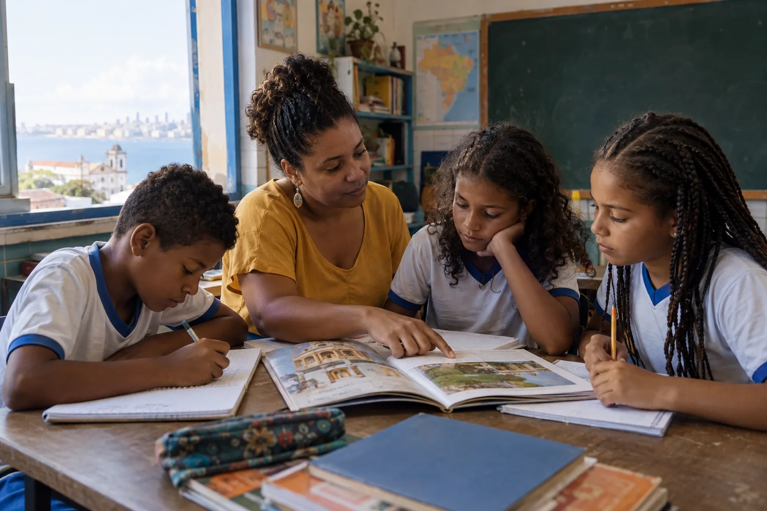 Educadora acompanha três crianças durante uma atividade de leitura em sala de aula.
